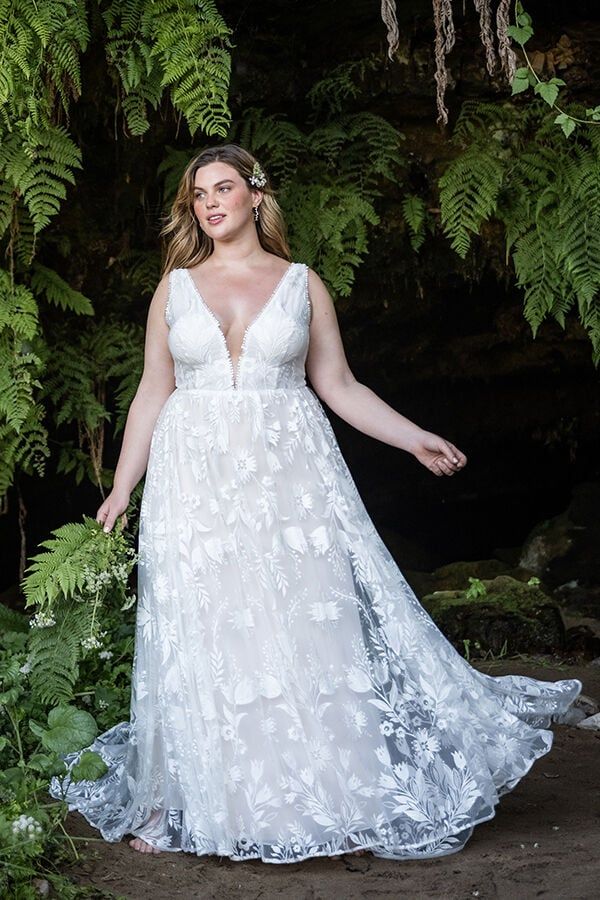 V-neck botanical lace gown