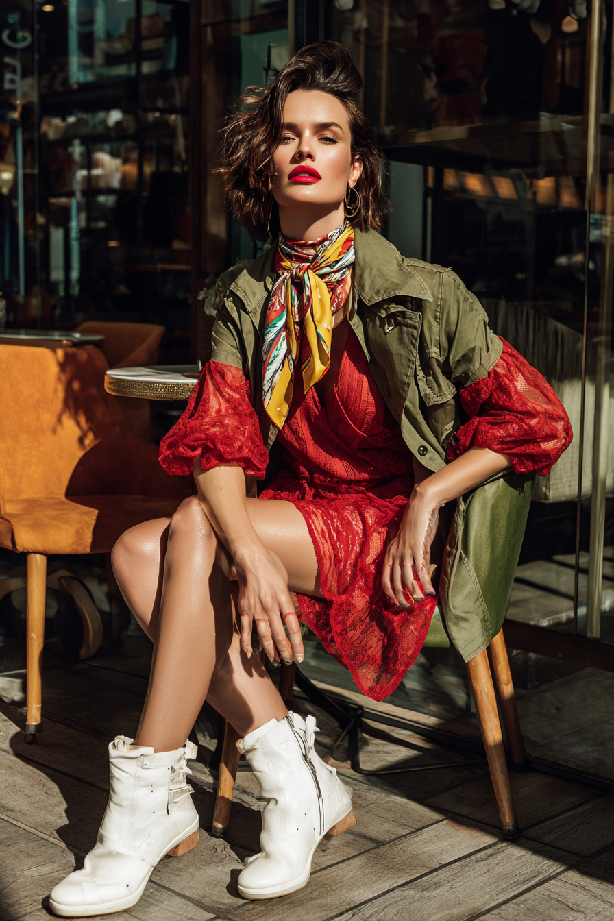 Red lace dress with green jacket and scarf