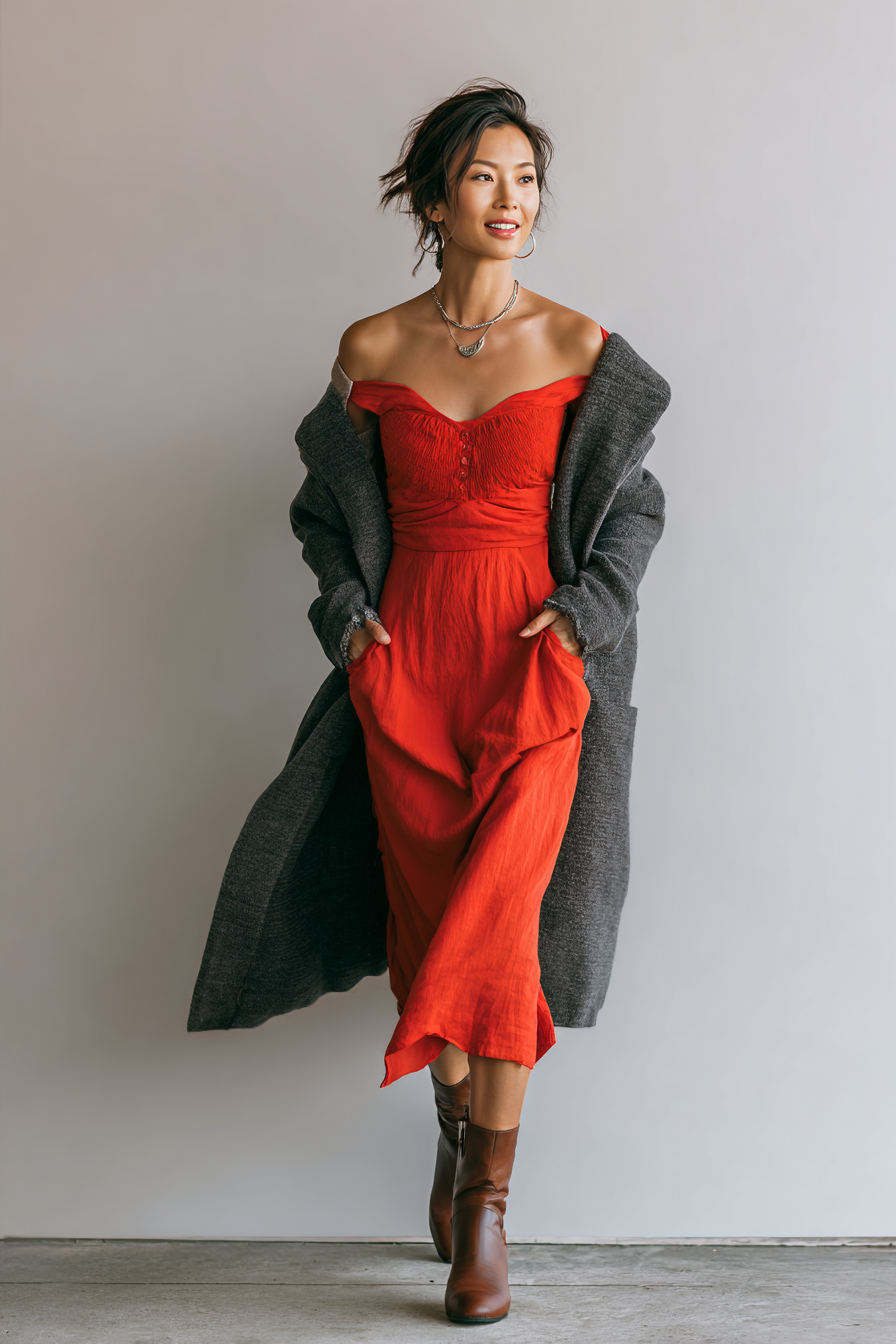 Red maxi dress with gray coat and boots