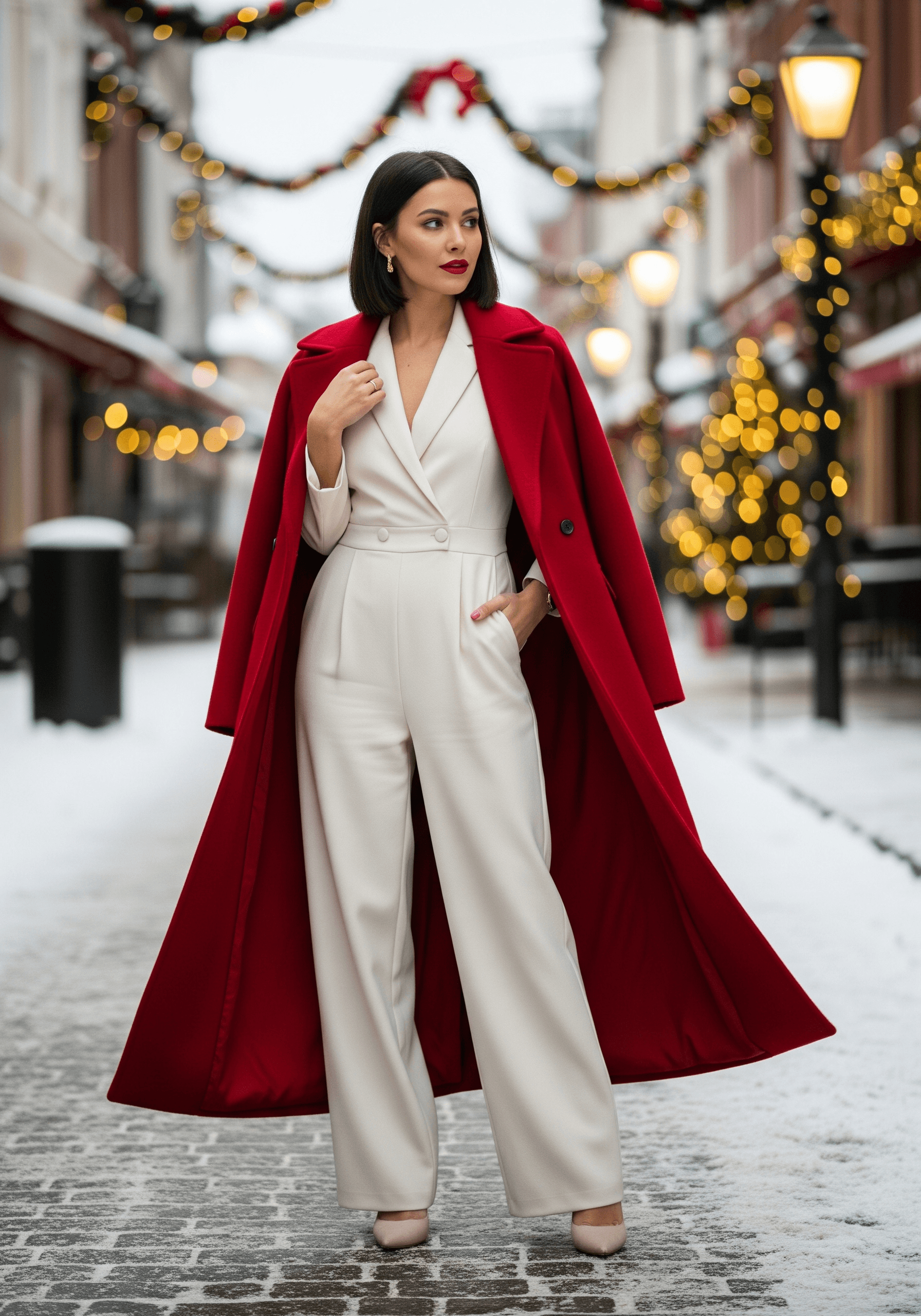 Red coat over white jumpsuit
