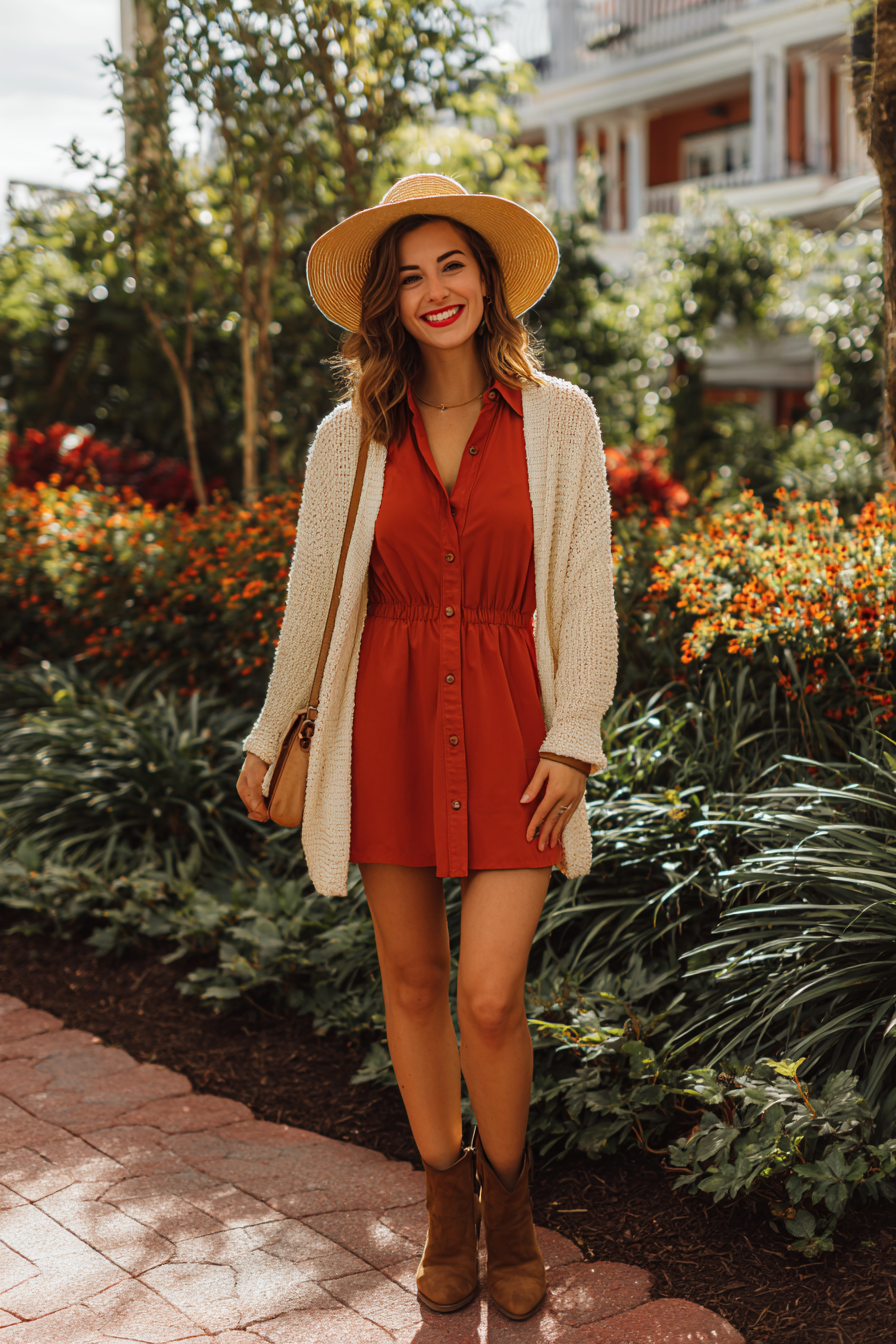 Red dress with cardigan and sunhat