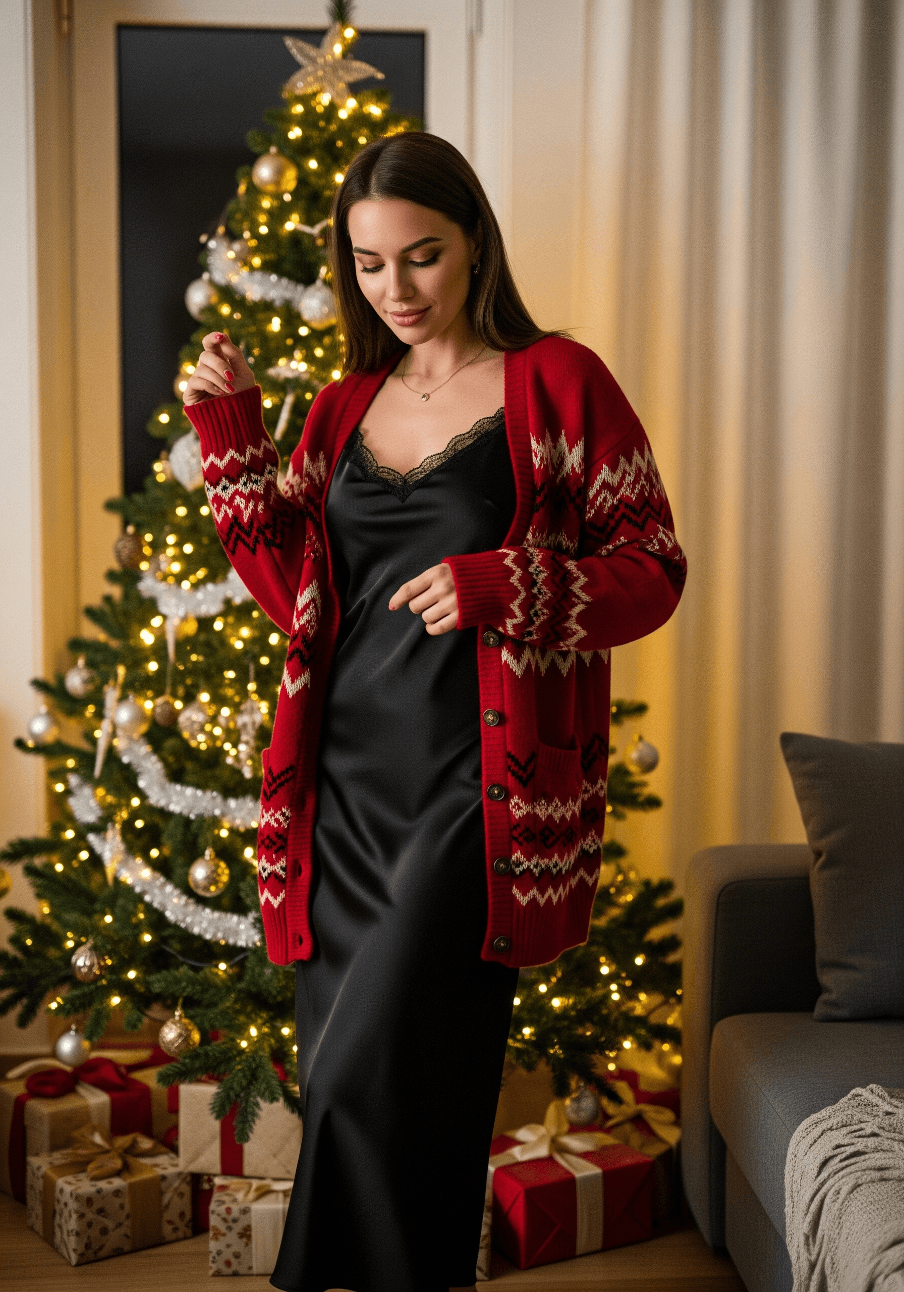Red cardigan over black satin dress