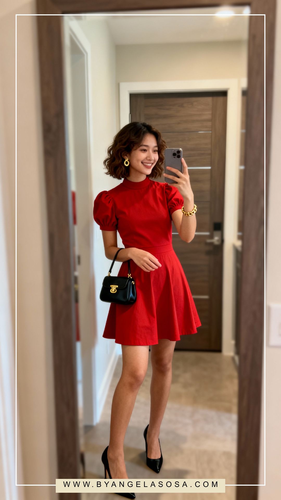 Red dress with puff sleeves