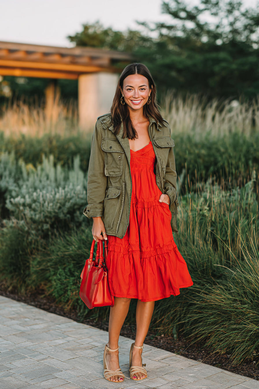 Red dress with utility jacket