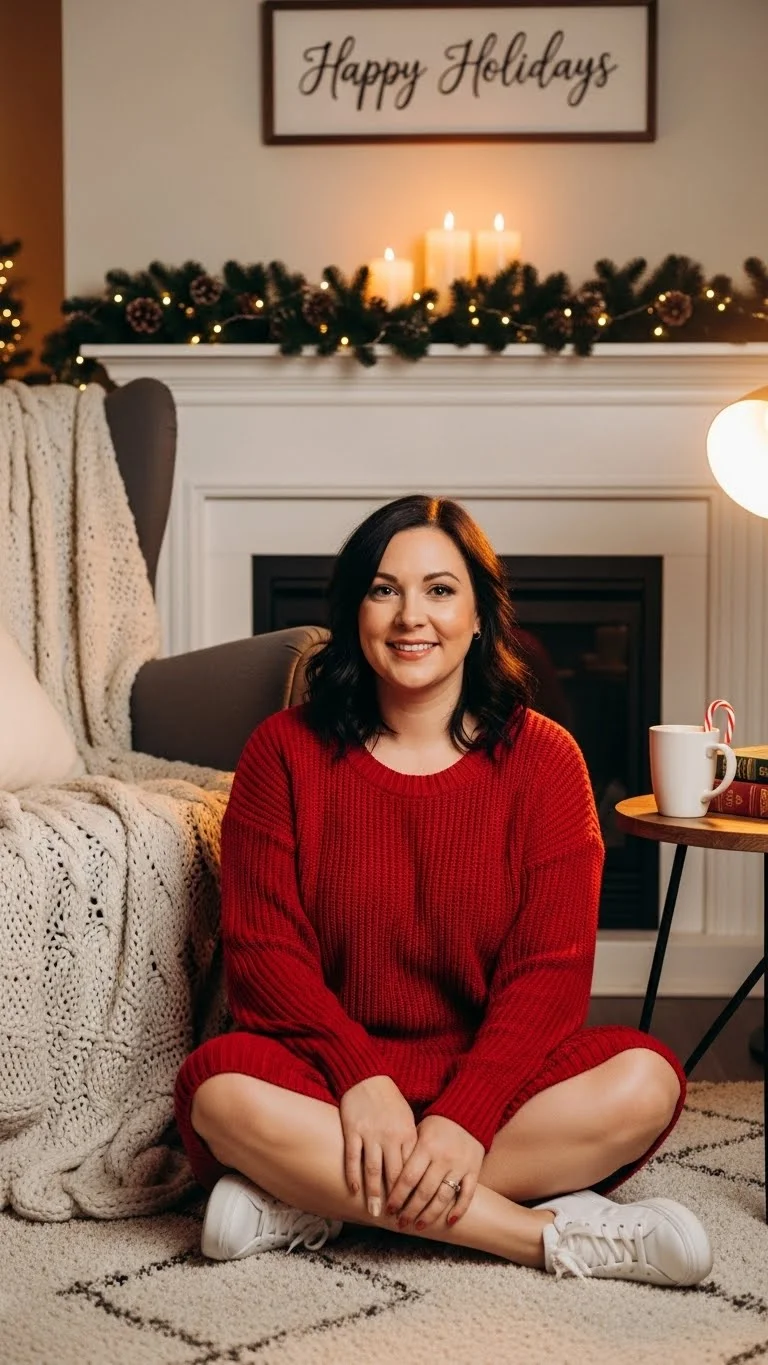 Red knit dress in cozy setting