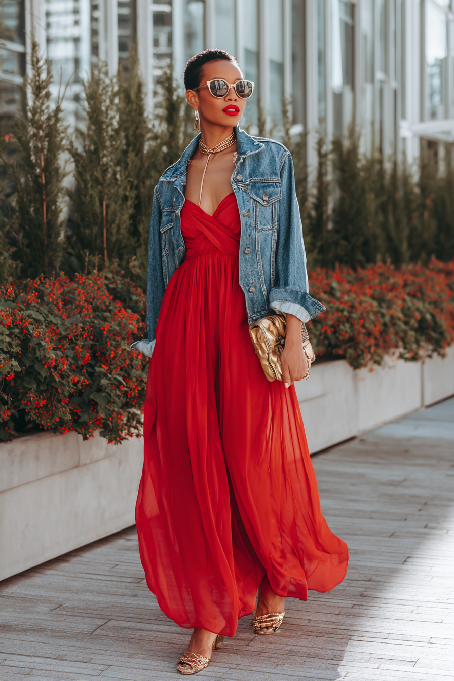 Red chiffon dress with denim jacket