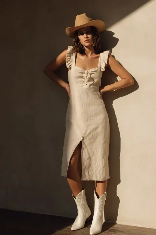 Linen Dress with Cowboy Boots