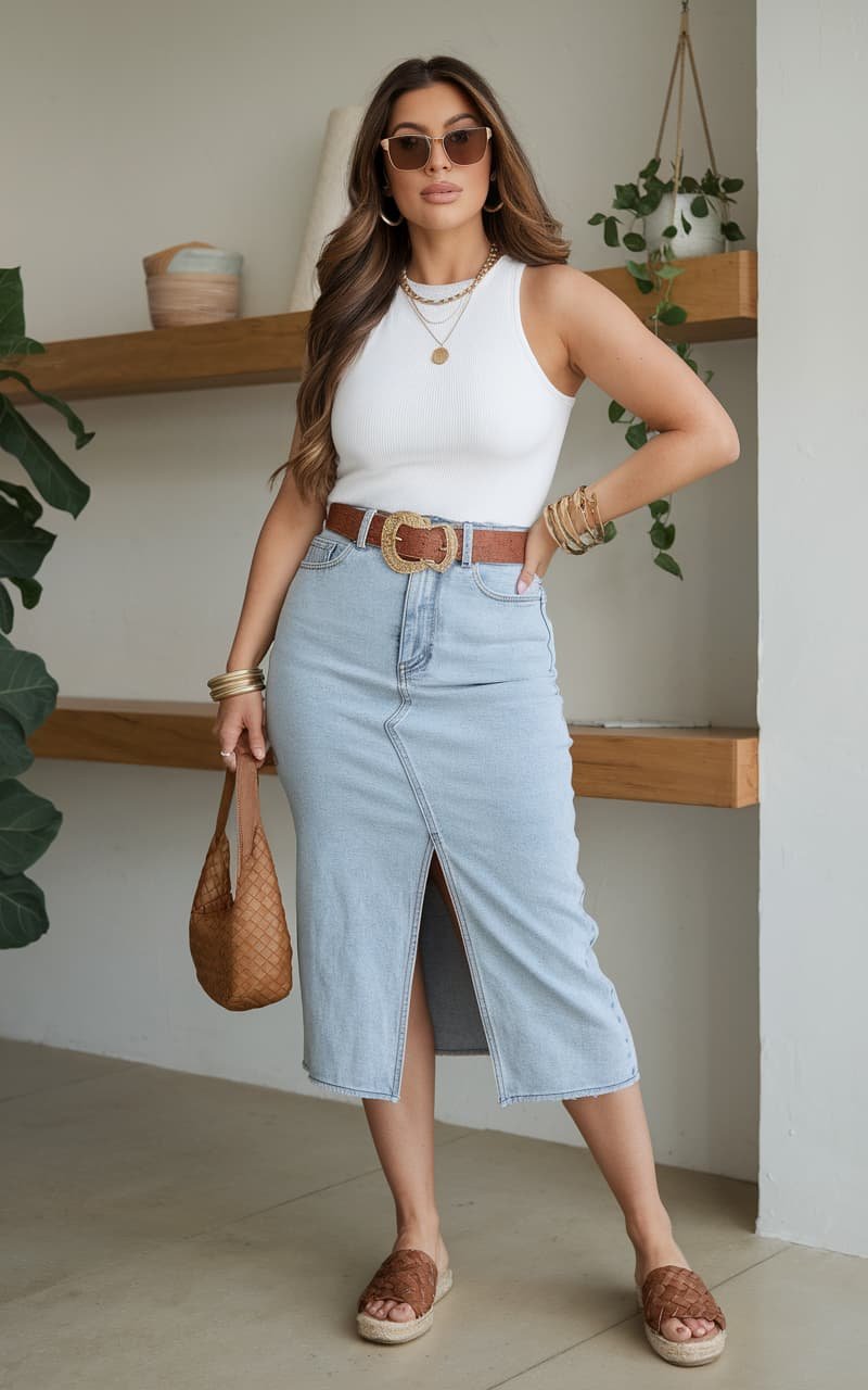 White tank and denim skirt outfit