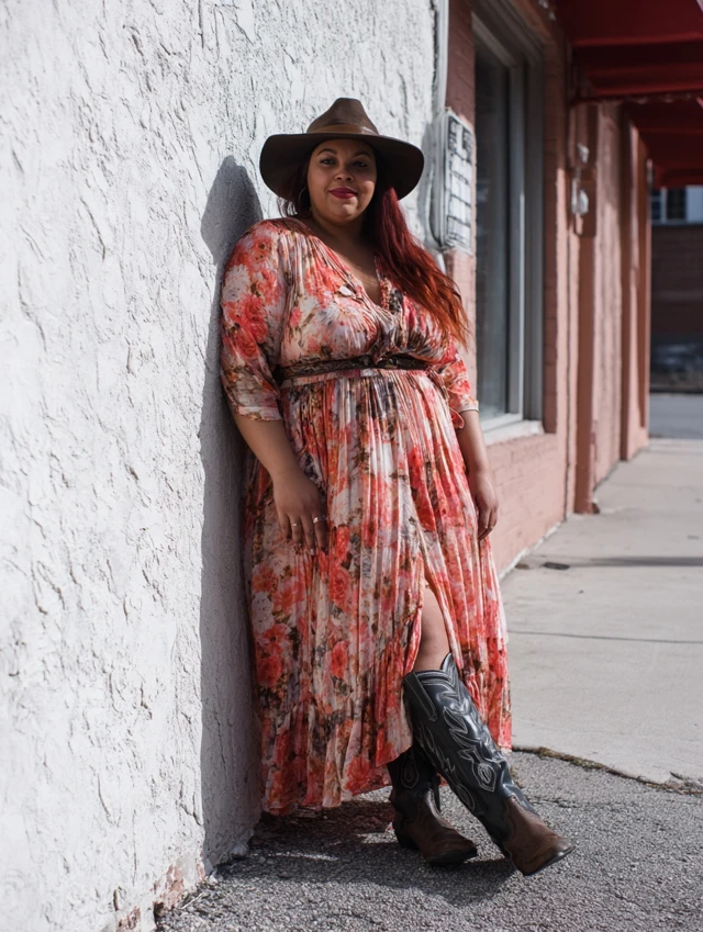 Floral maxi dress with cowboy boots