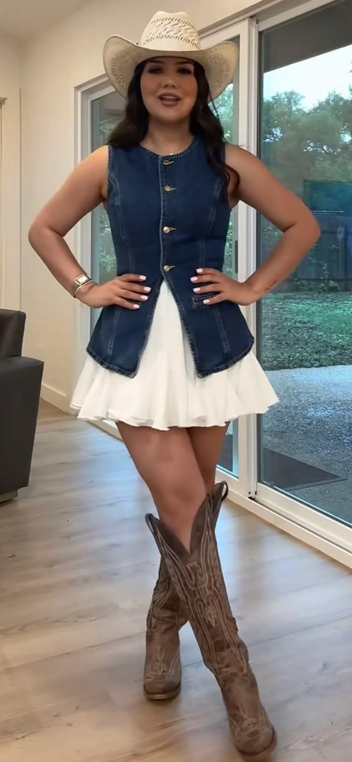Denim vest with white skirt and boots