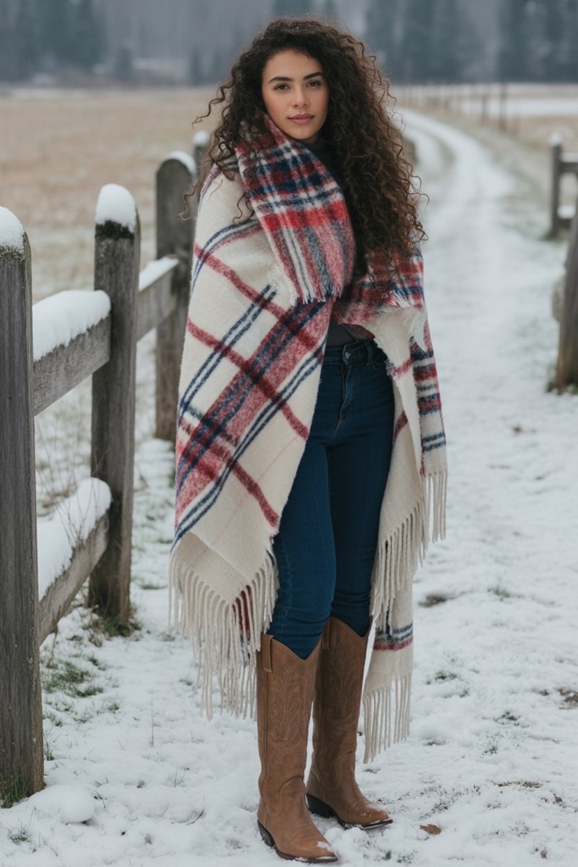 Plaid poncho with jeans and boots