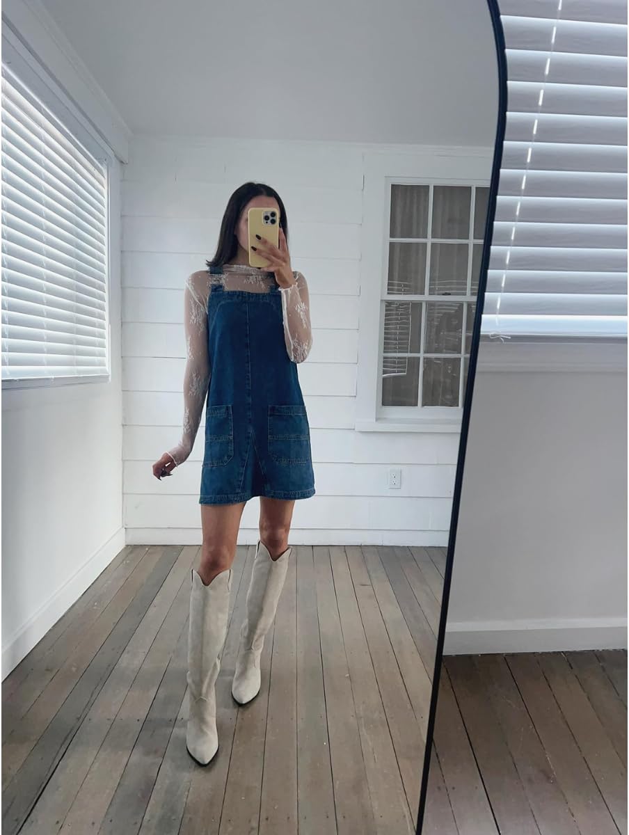 Denim dress with sheer blouse and boots