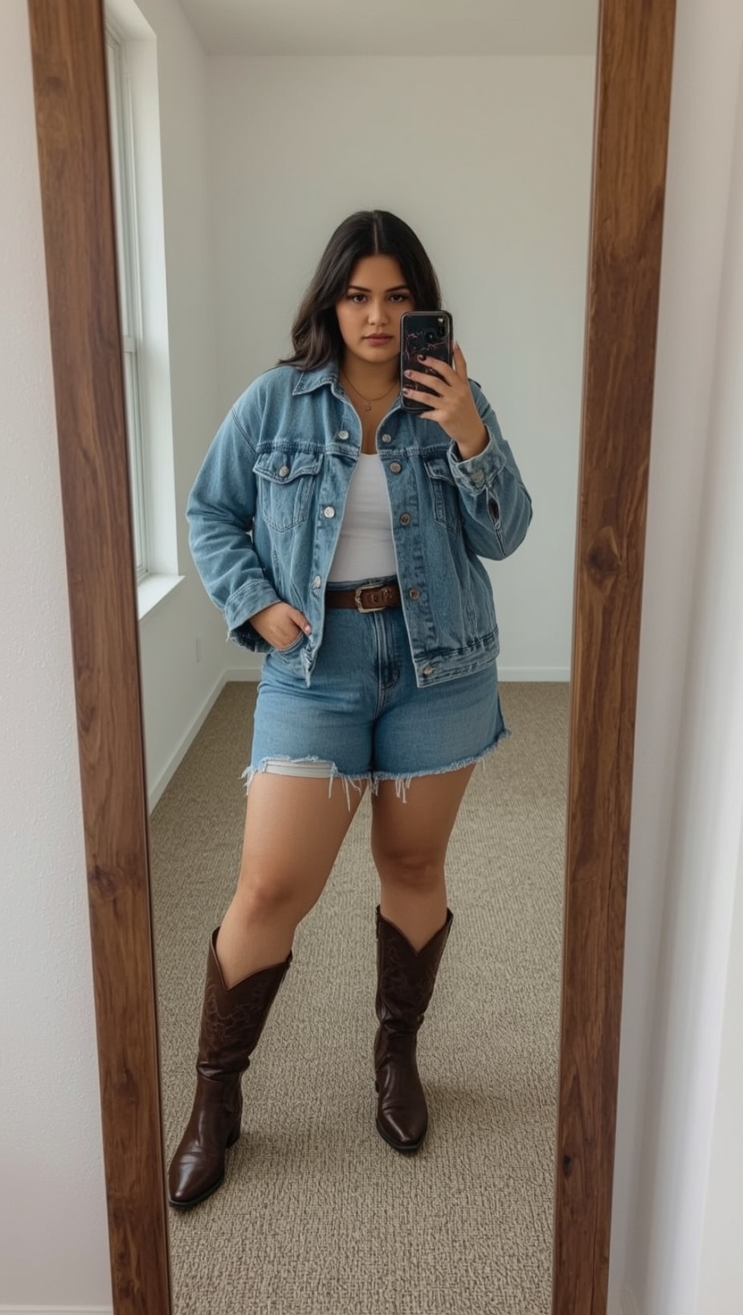 Denim jacket with shorts and boots