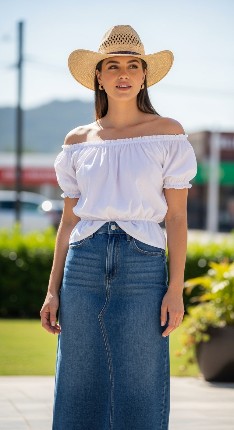 Off-shoulder top with long denim skirt