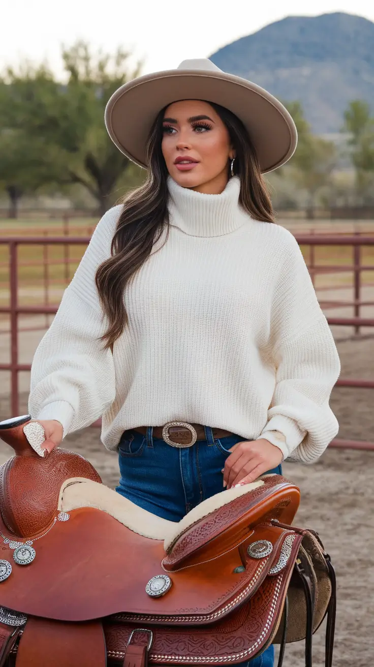 White knit sweater with jeans and hat