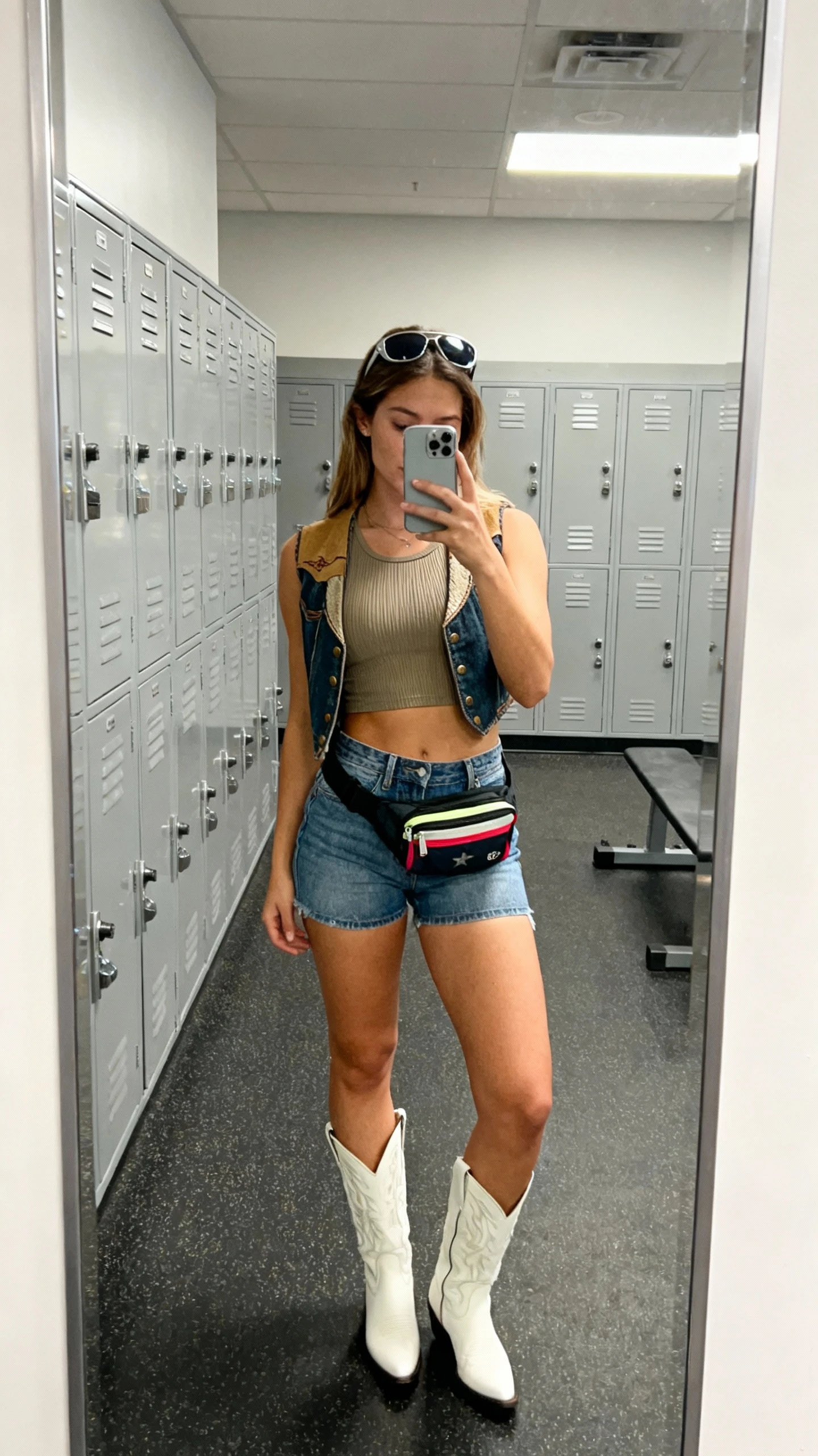 Denim vest with crop top and boots