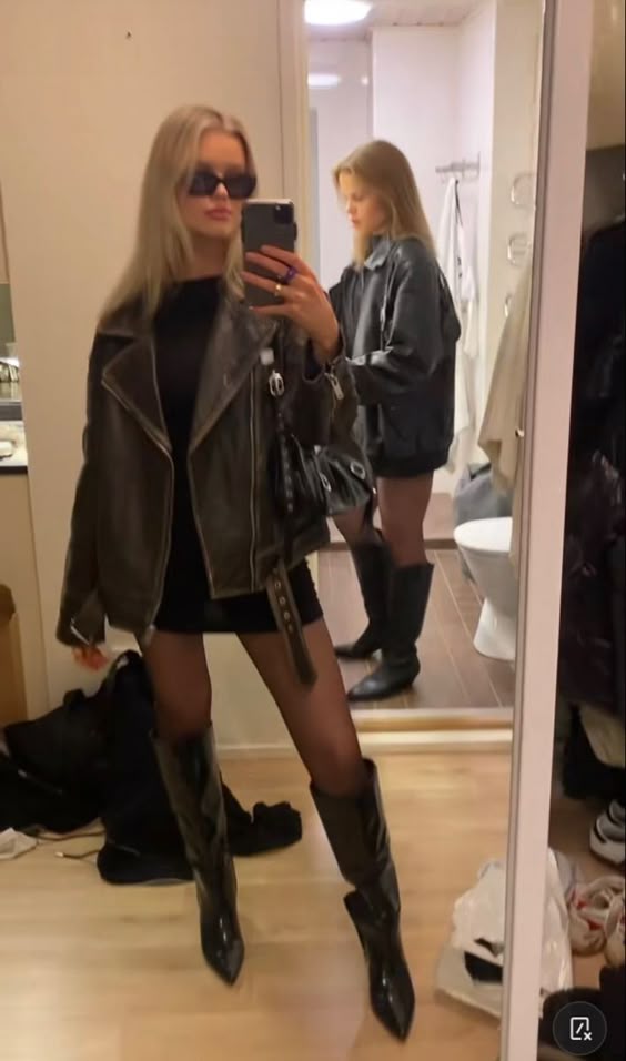 Leather jacket with mini dress and boots