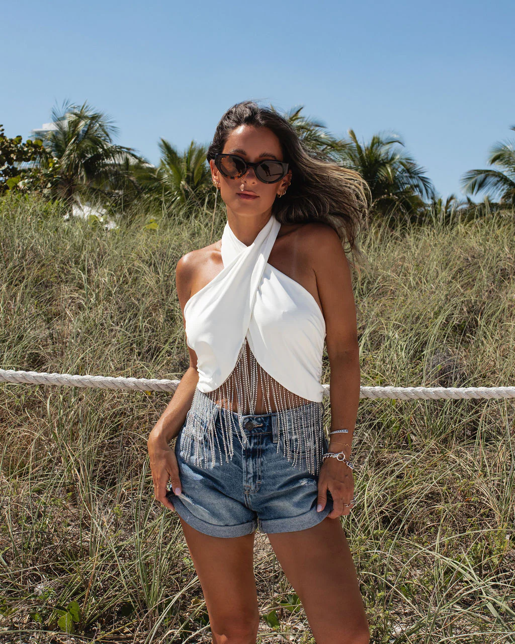 Fringe top with denim shorts