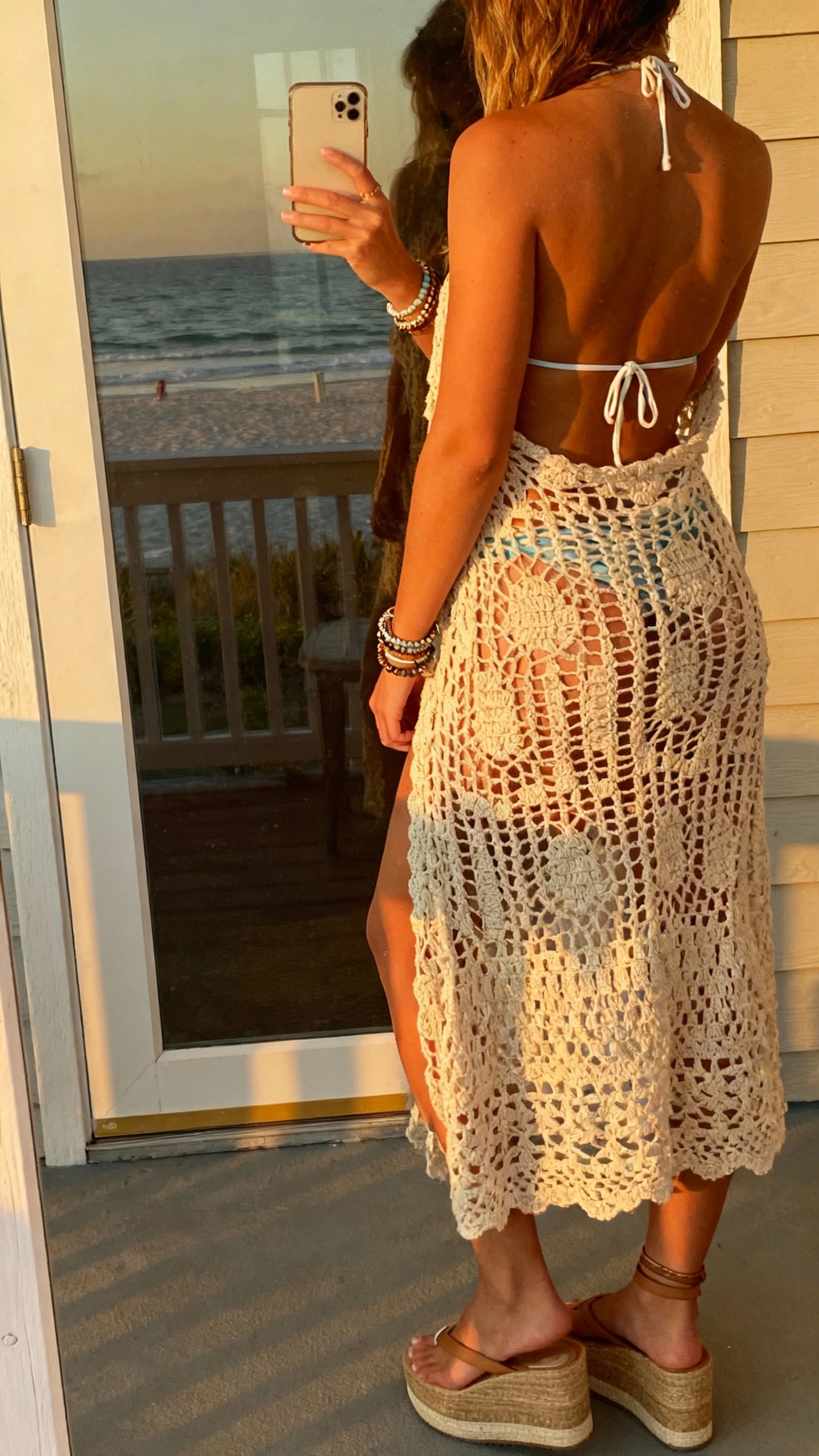 Crochet cover-up over bikini, bohemian beach style