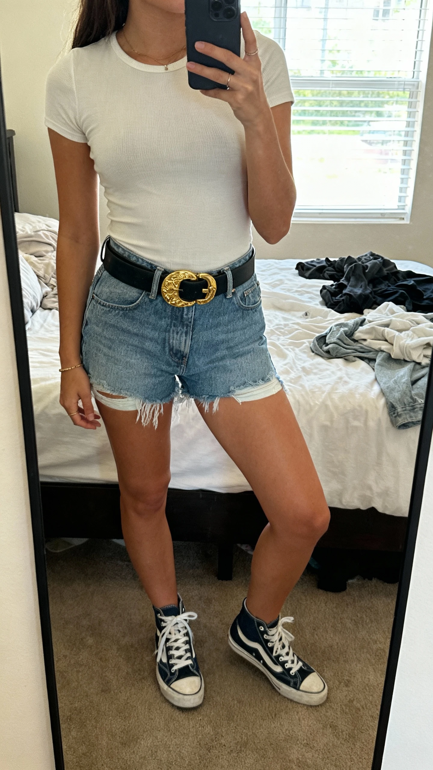 Denim shorts with white tee, casual retro style