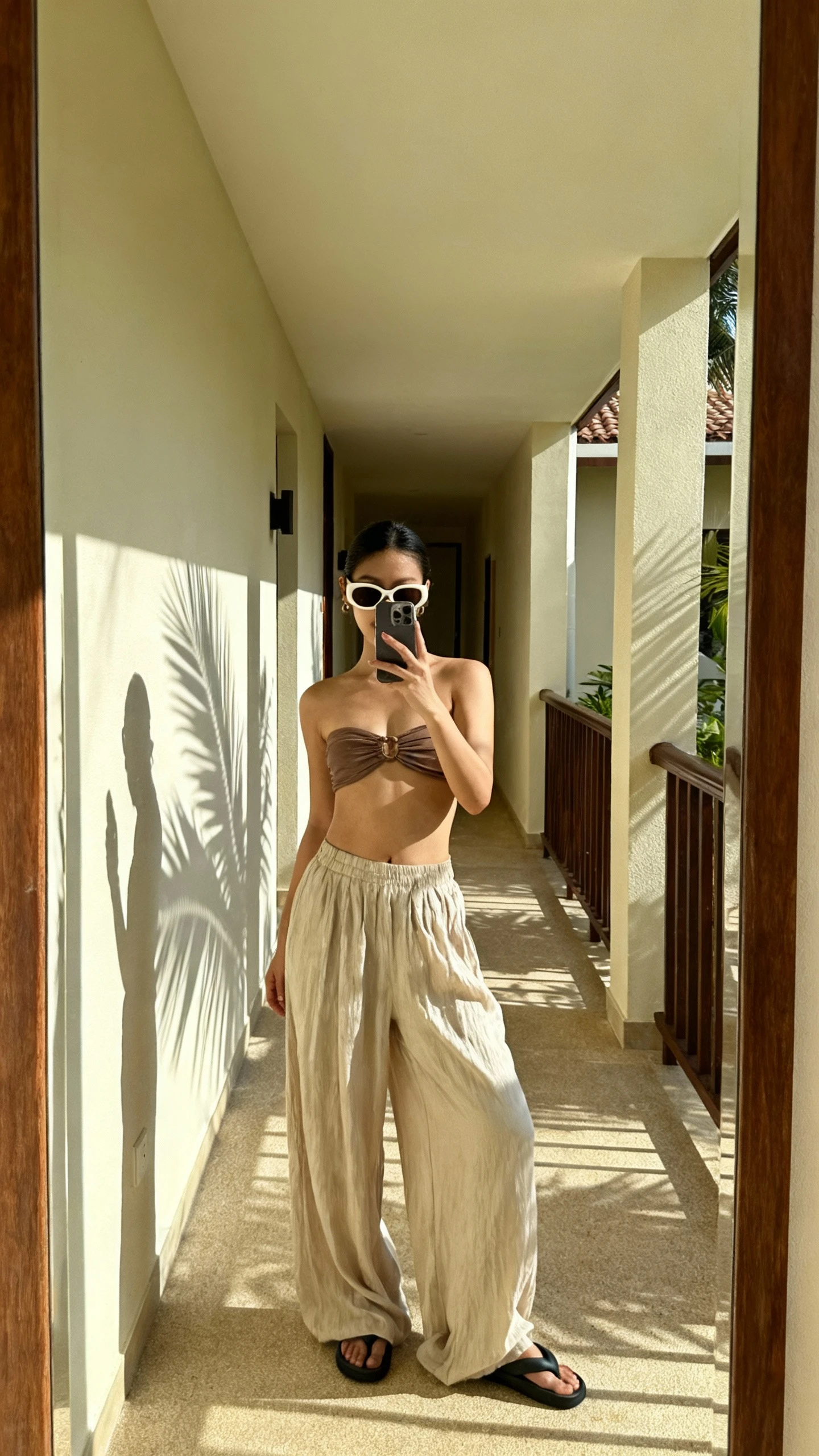 Wide-leg pants with bandeau top, relaxed luxury