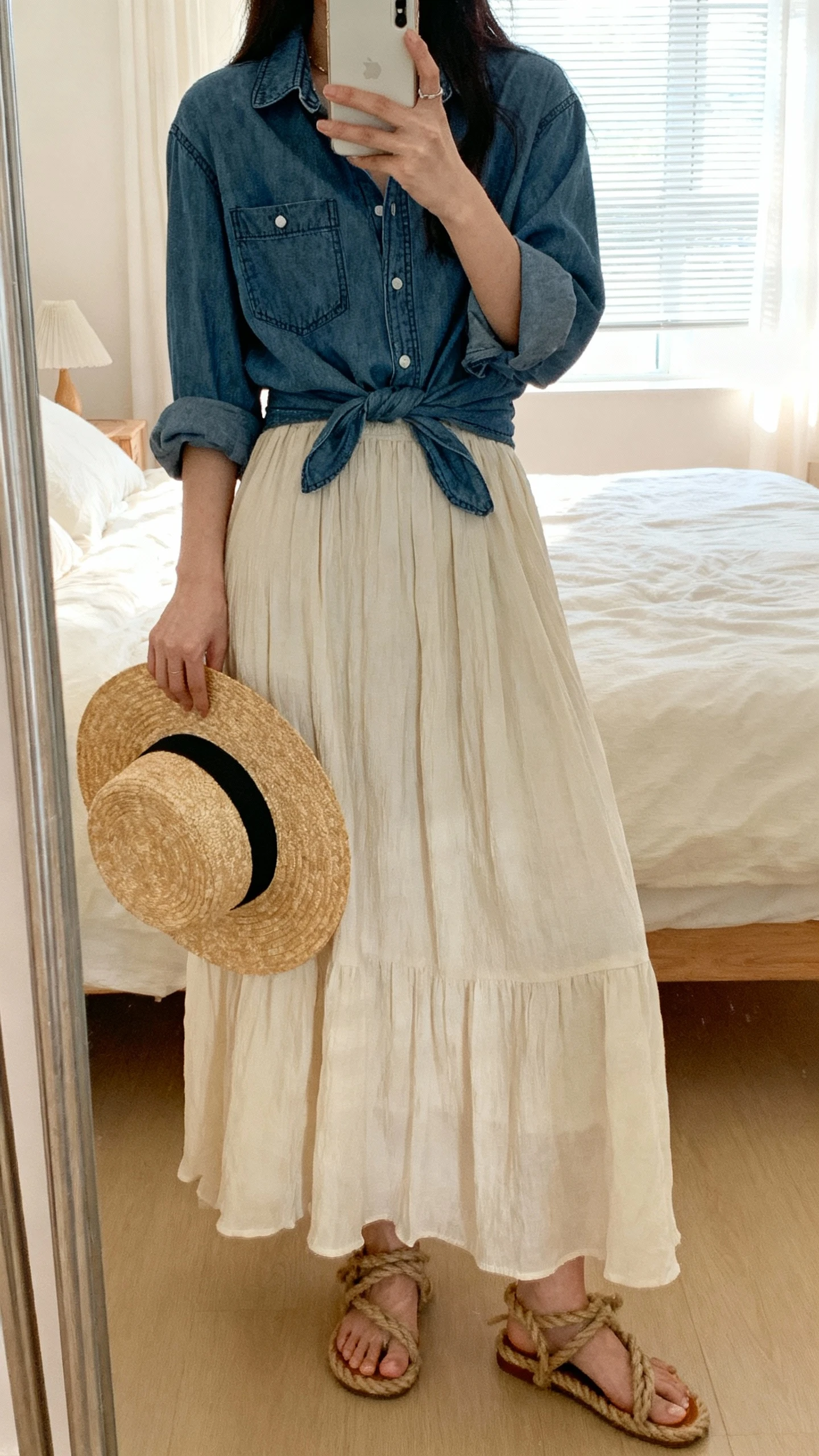 Denim shirt with maxi skirt, rustic romantic style