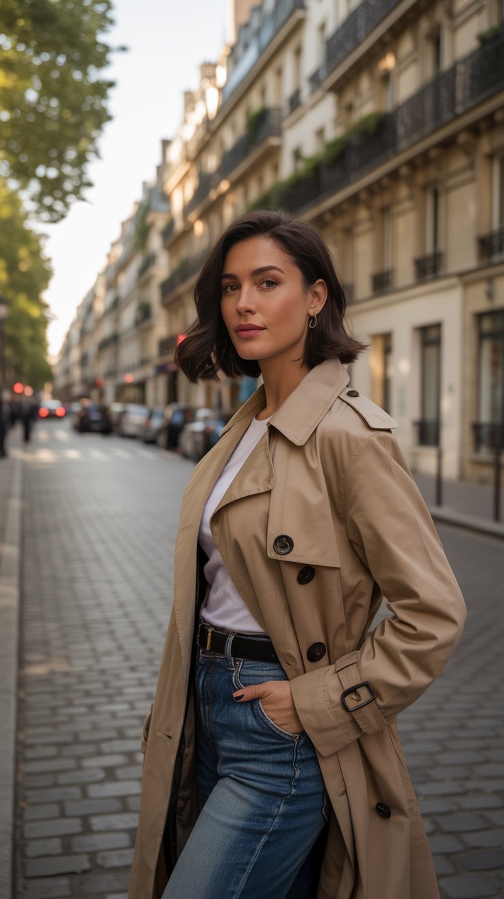 Trench coat with jeans, Parisian chic style