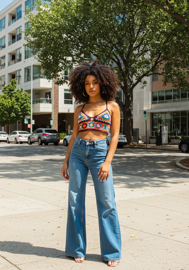 Crochet top with wide-leg jeans, retro style