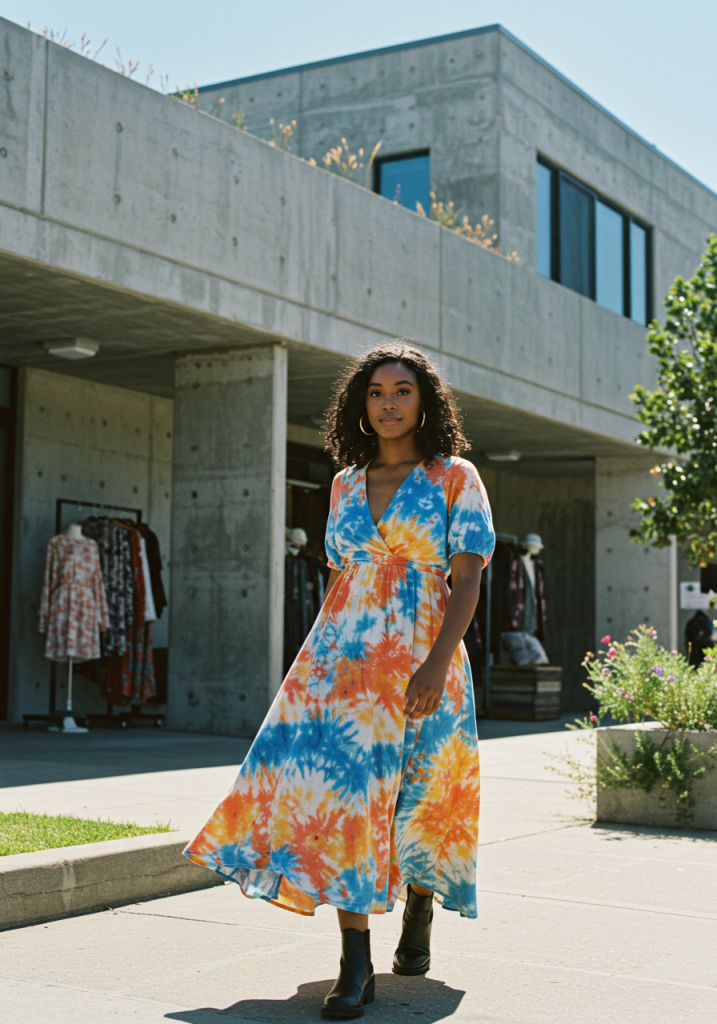 Tie-dye maxi dress, colorful bohemian style