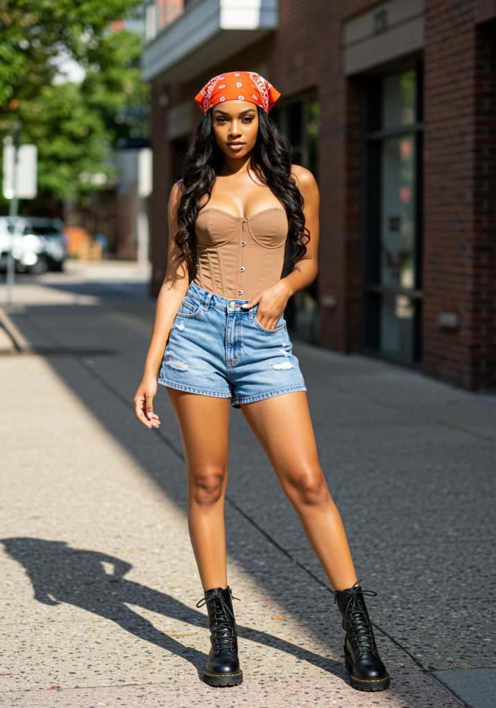 Corset top with denim shorts, edgy street style