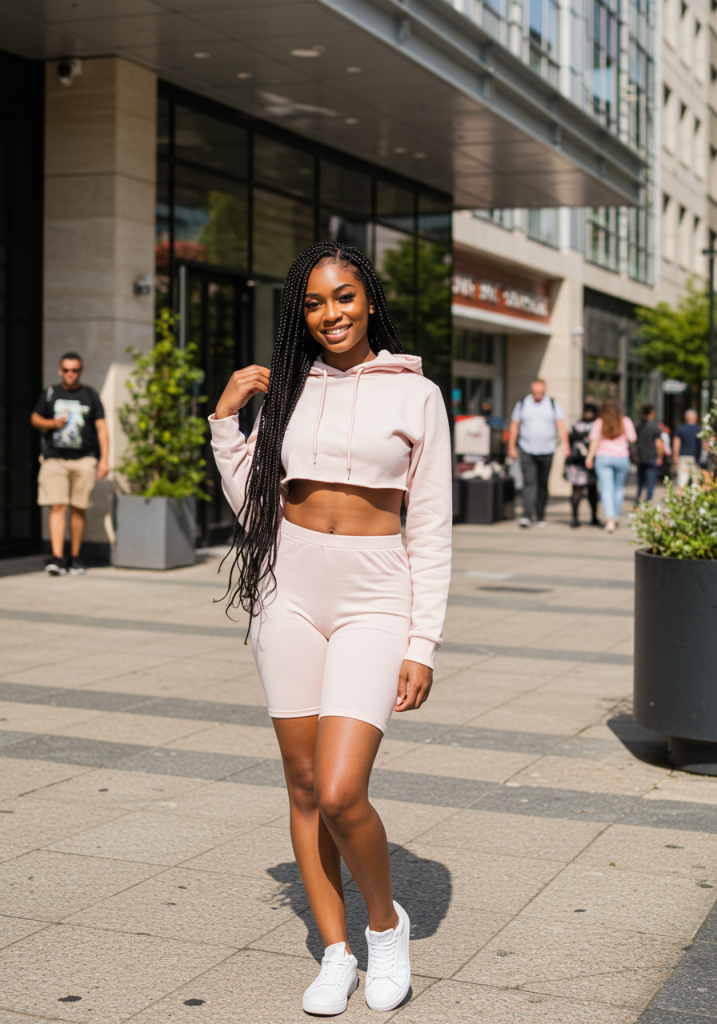 Pastel hoodie and biker shorts, casual comfort style