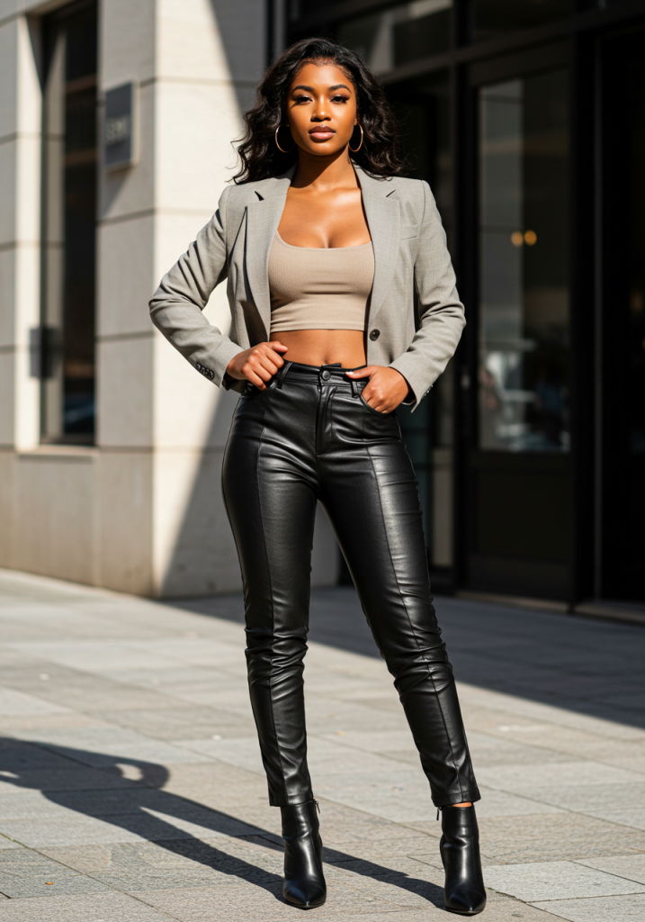 Blazer with leather pants, modern edge style