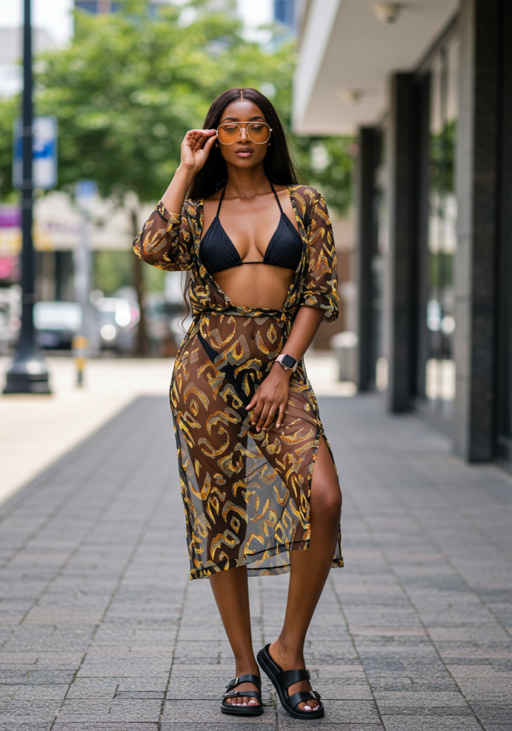 Printed cover-up with swimwear, sheer elegance style