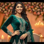 Velvet green outfit with intricate embroidery, luxurious charm