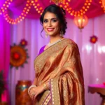 Golden sari with intricate patterns, traditional elegance