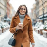 Camel coat with knitwear, winter sophistication