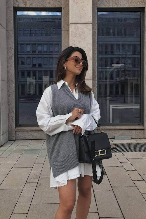 Layered grey and white outfit with vest and shirt dress