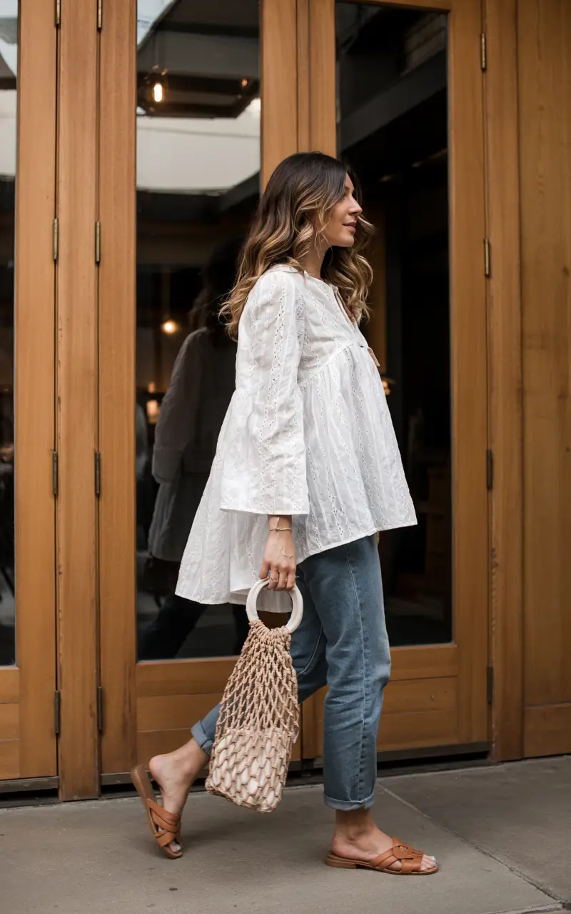 Bohemian lace top and denim outfit with natural accessories