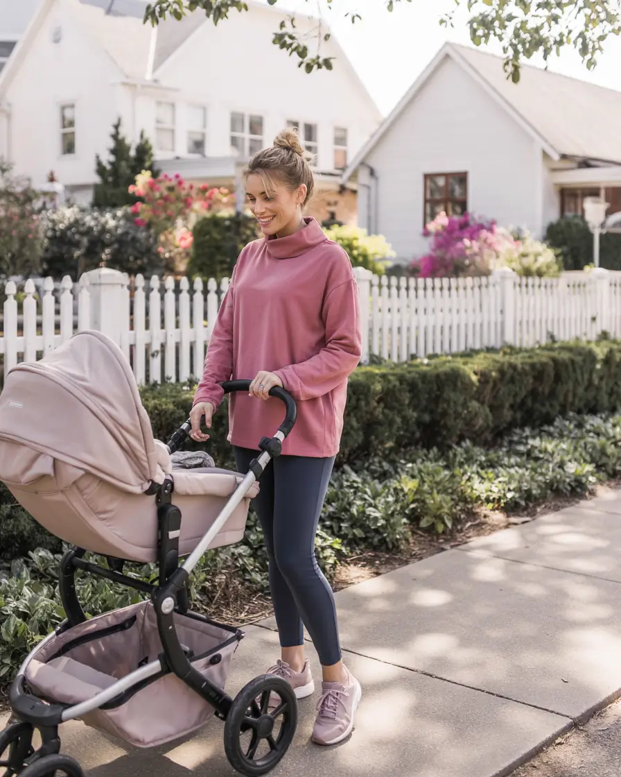 Casual pink sweatshirt and leggings in a relaxed spring setting