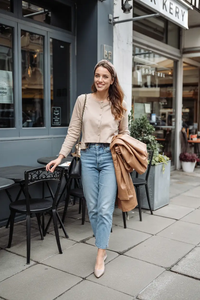 Neutral beige top and denim outfit, perfect for spring sophistication