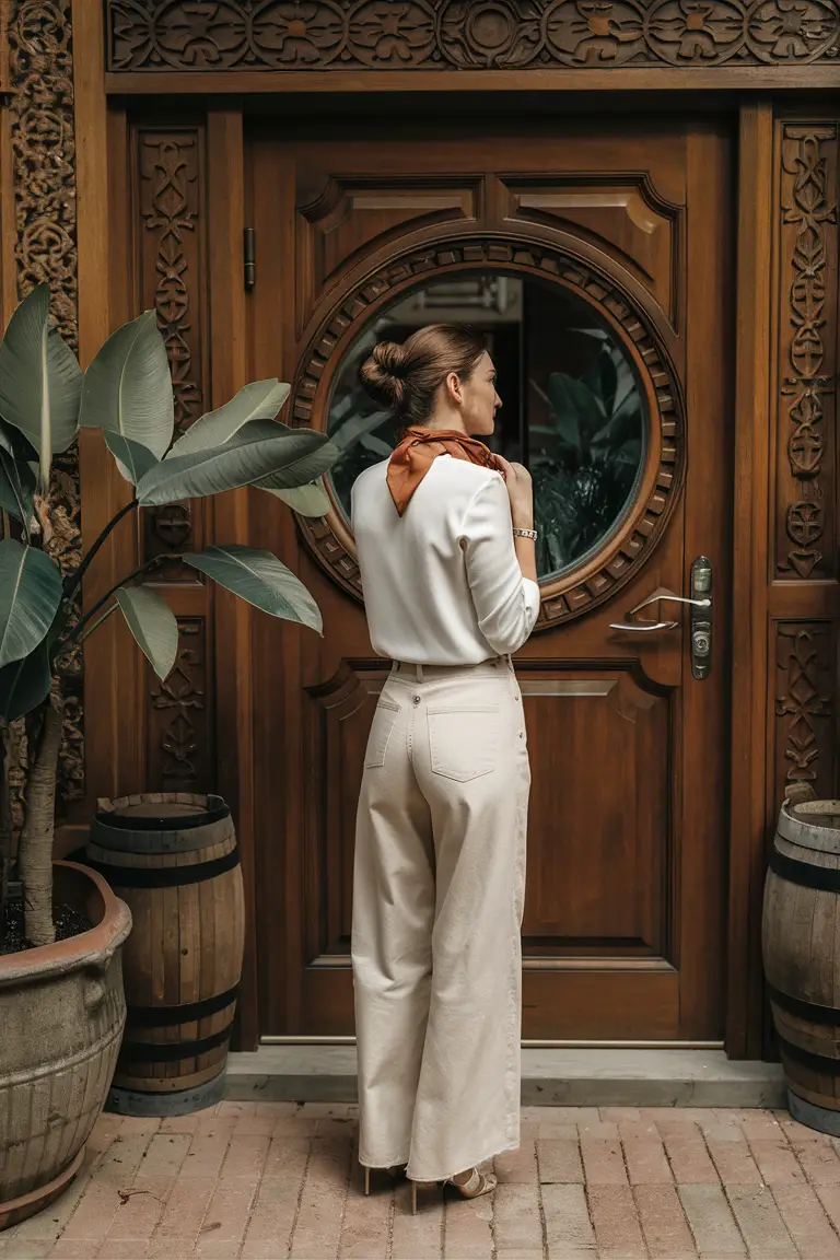 Classic white top and neutral trousers, perfect for spring sophistication