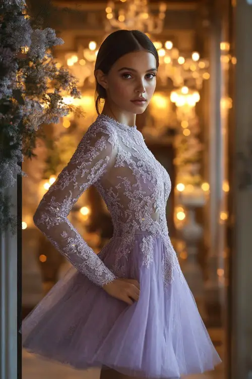 Lavender lace dress with long sleeves and ethereal vibe