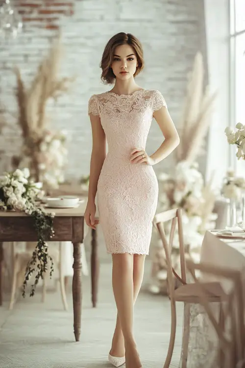 Blush lace dress with classic, elegant cut