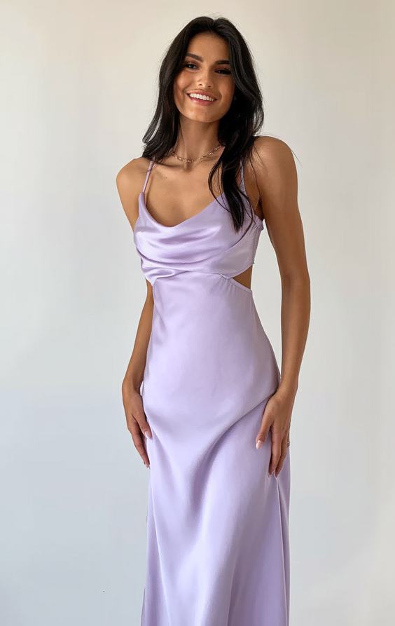 Lavender satin dress with delicate cut-out details