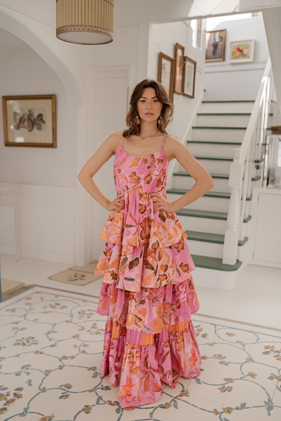 Pink floral dress with tiered ruffles and vibrant design