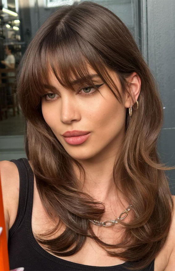 Chocolate brown with bangs, refined brunette look