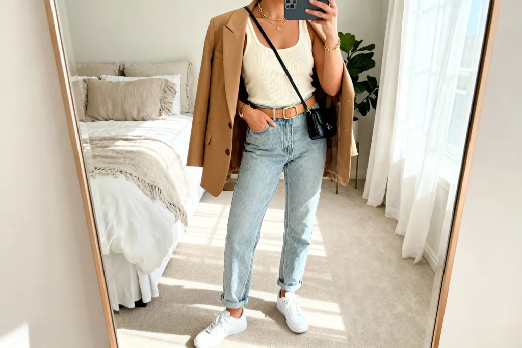 Light jeans with a beige blazer and white sneakers for a casual look