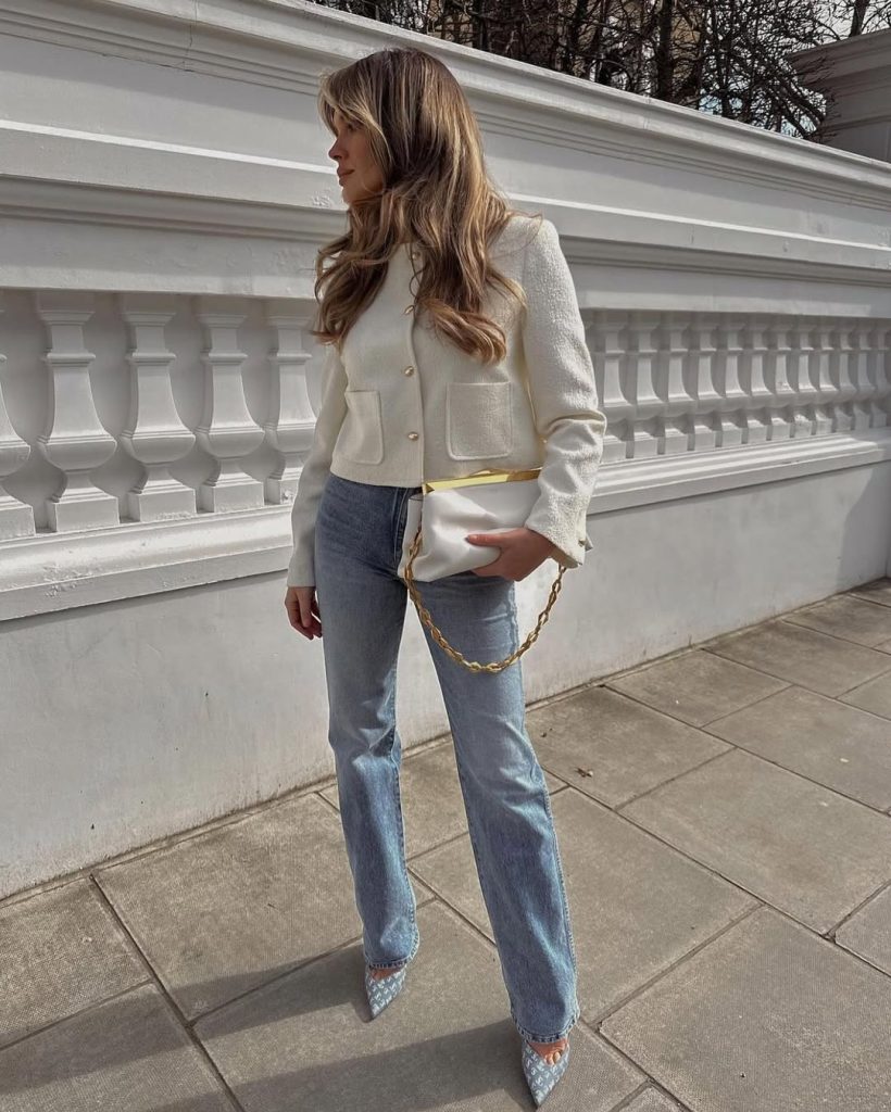 Ivory blazer with light jeans for a sophisticated look