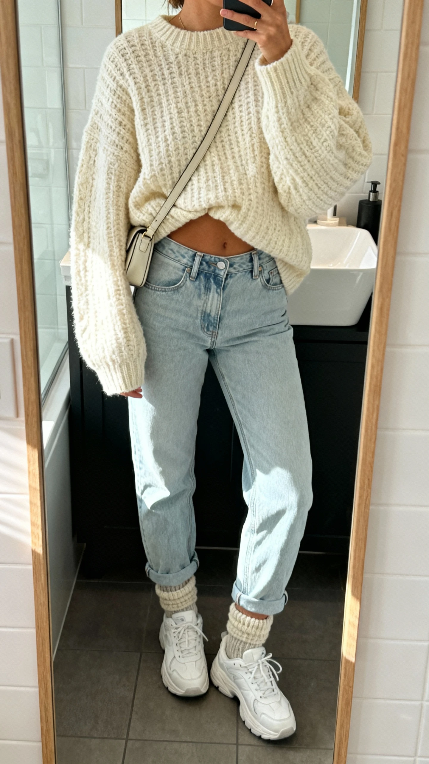 Chunky sweater with light jeans and sneakers