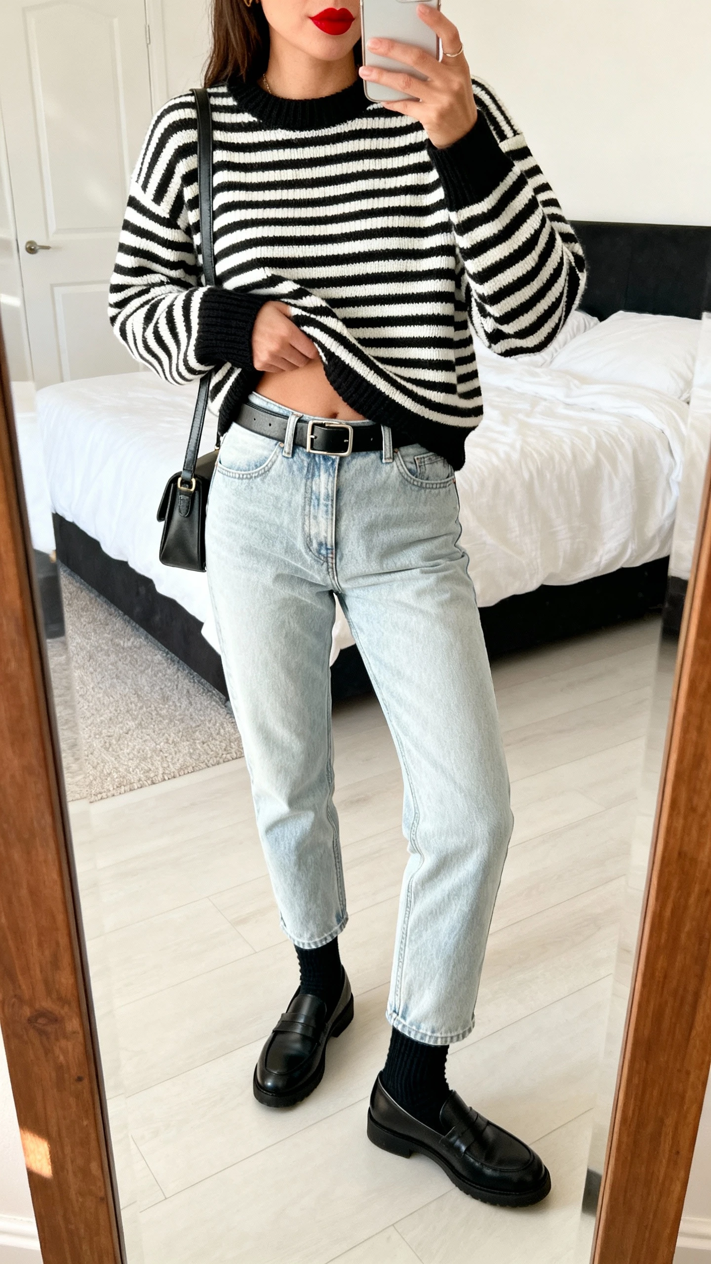 Striped sweater with light jeans and loafers